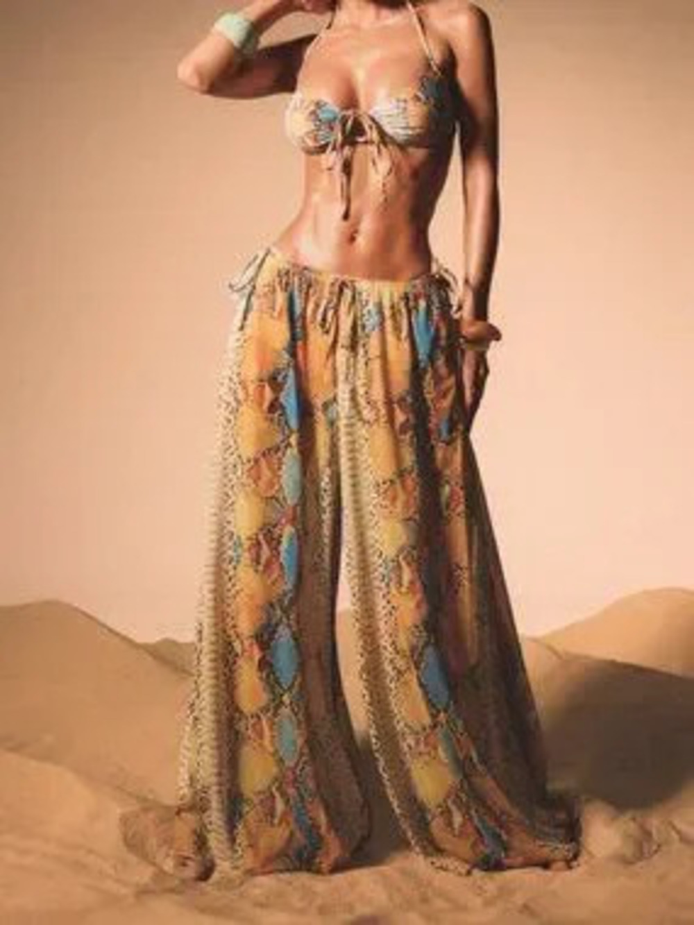 Multicolor Boho Women's Snake Print Wide Leg Palazzo Pants High Rise Trousers